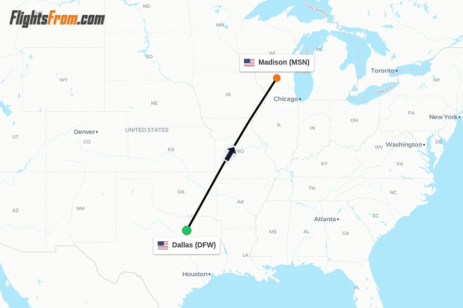 Flights from Dallas to Madison route map