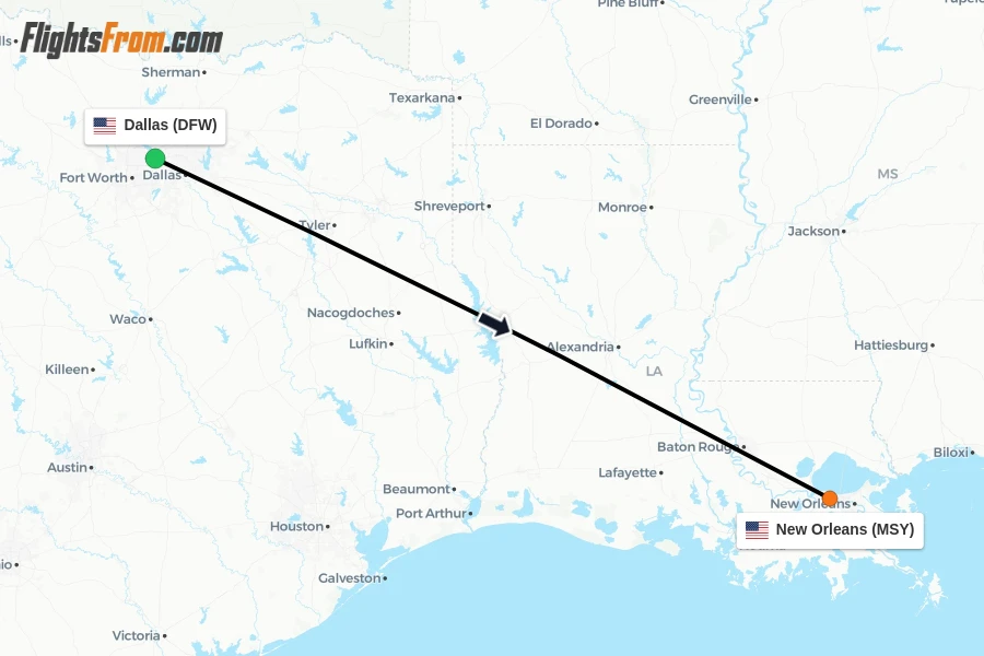 Flights from Dallas to New Orleans route map