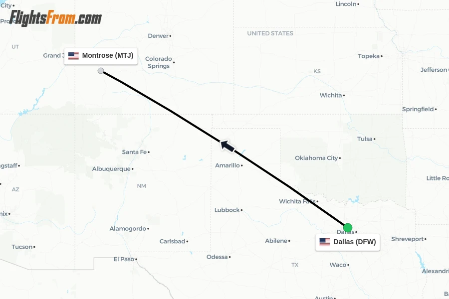 Flights from Dallas to Montrose route map