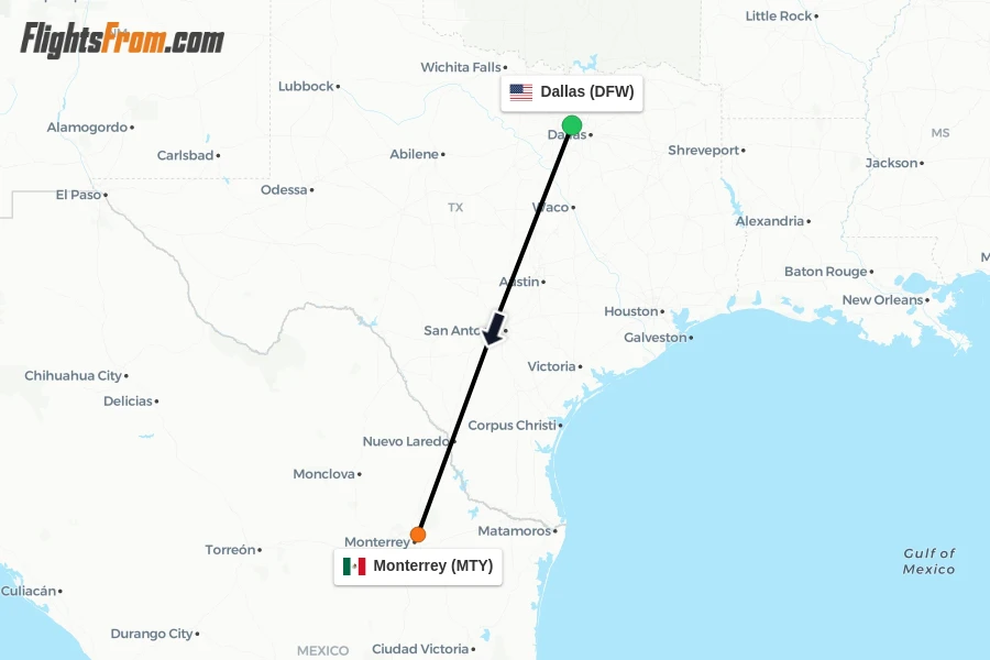 Flights from Dallas to Monterrey route map