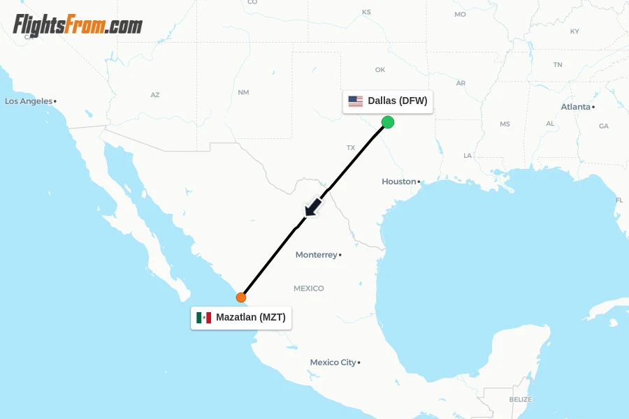 Flights from Dallas to Mazatlan route map