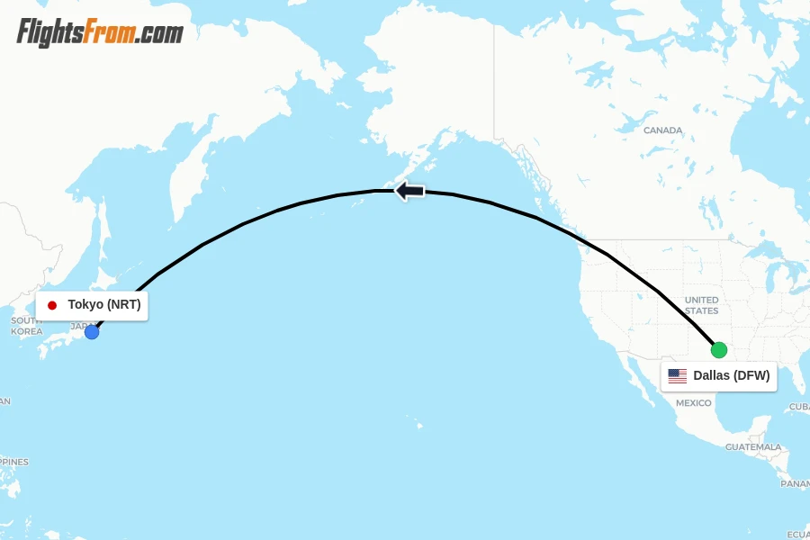 Flights from Dallas to Tokyo route map