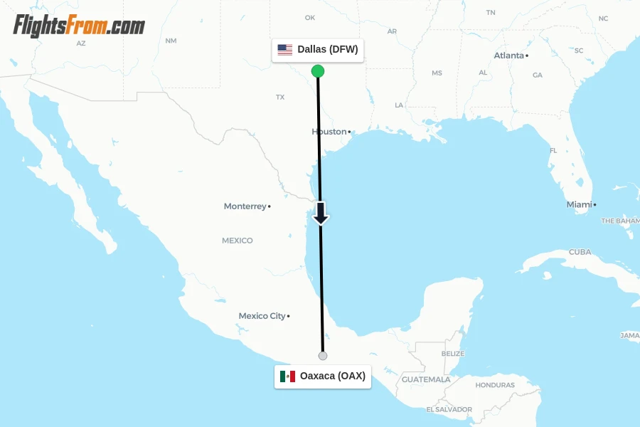 Flights from Dallas to Oaxaca route map