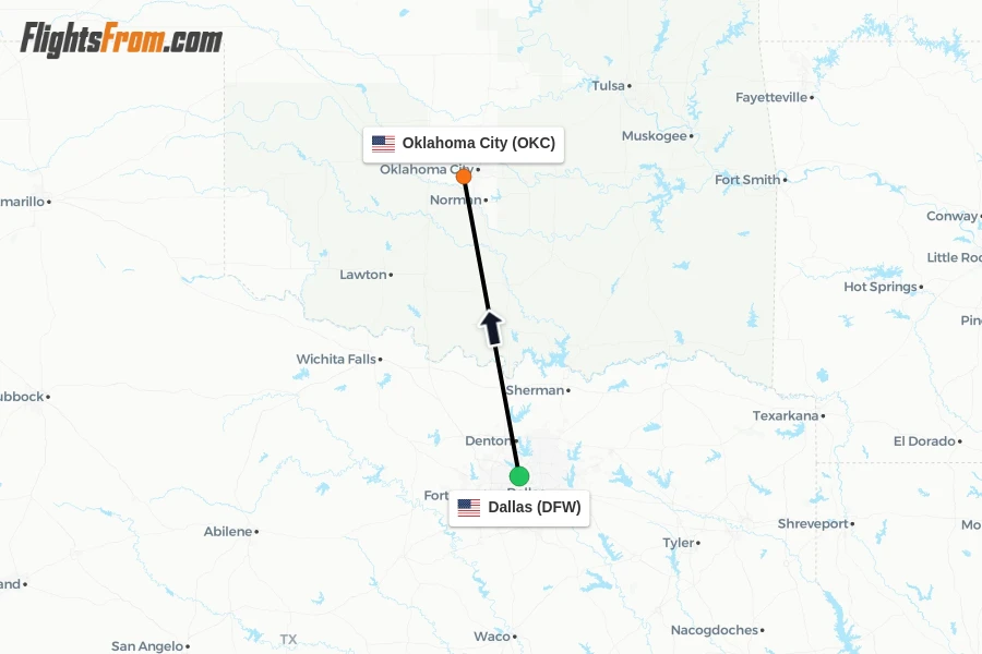 Flights from Dallas to Oklahoma City route map