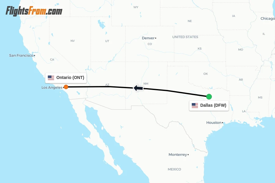 Flights from Dallas to Ontario route map