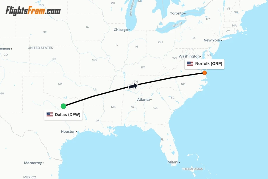 Flights from Dallas to Norfolk route map