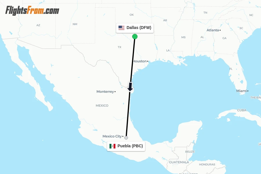 Flights from Dallas to Puebla route map