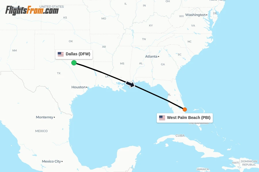 Flights from Dallas to West Palm Beach route map