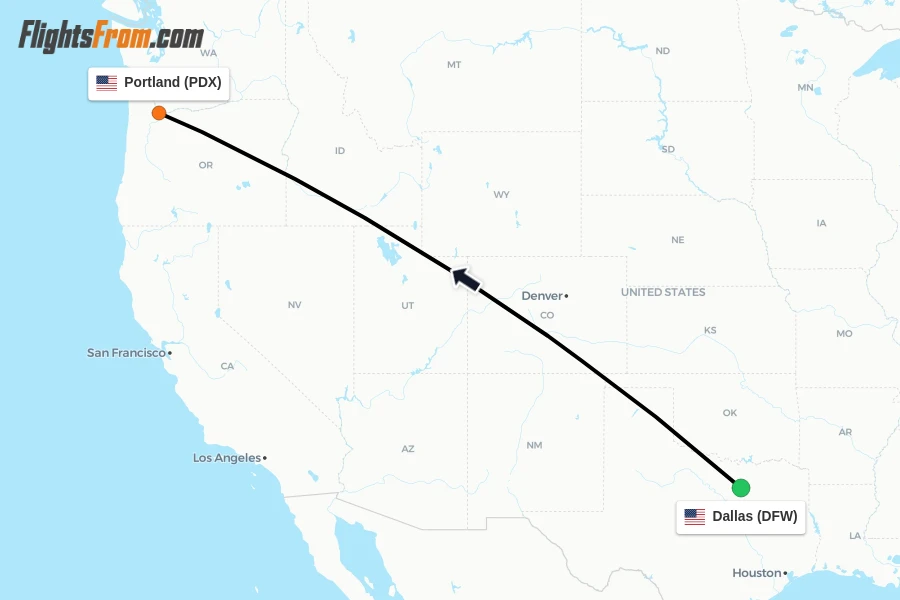 Flights from Dallas to Portland route map