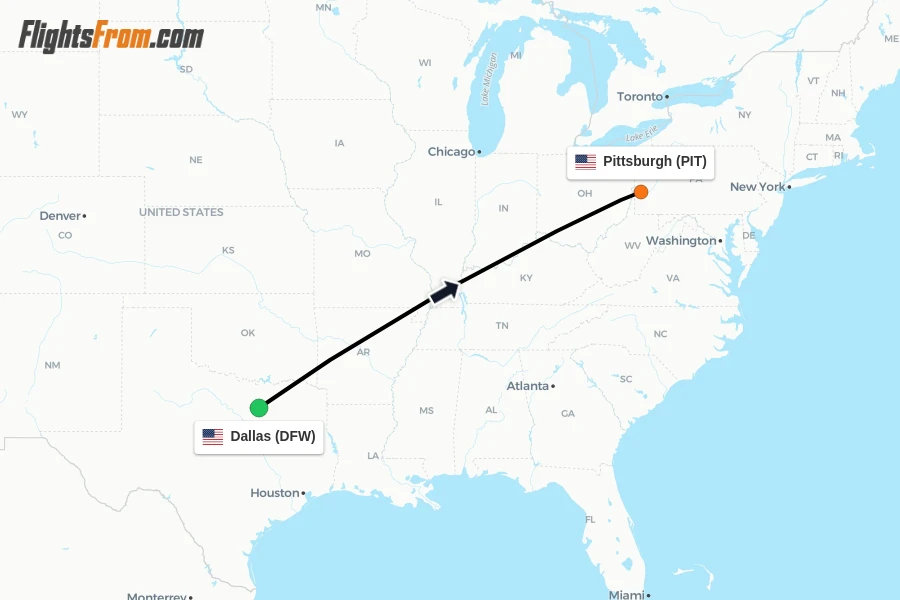 Flights from Dallas to Pittsburgh route map