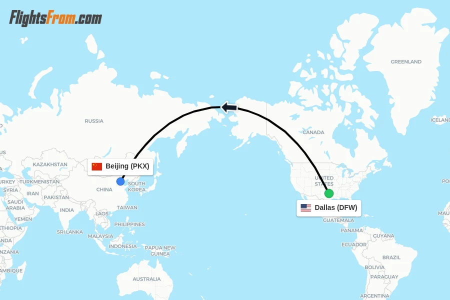 Flights from Dallas to Beijing route map