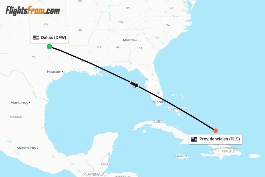 Flights from Dallas to Providenciales route map