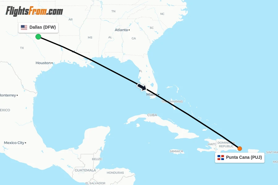 Flights from Dallas to Punta Cana route map