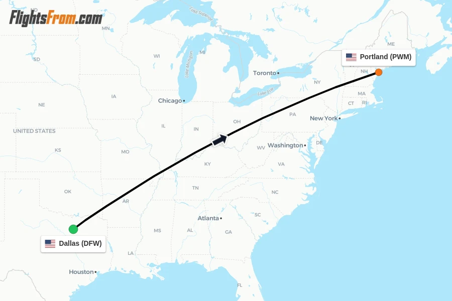 Flights from Dallas to Portland route map