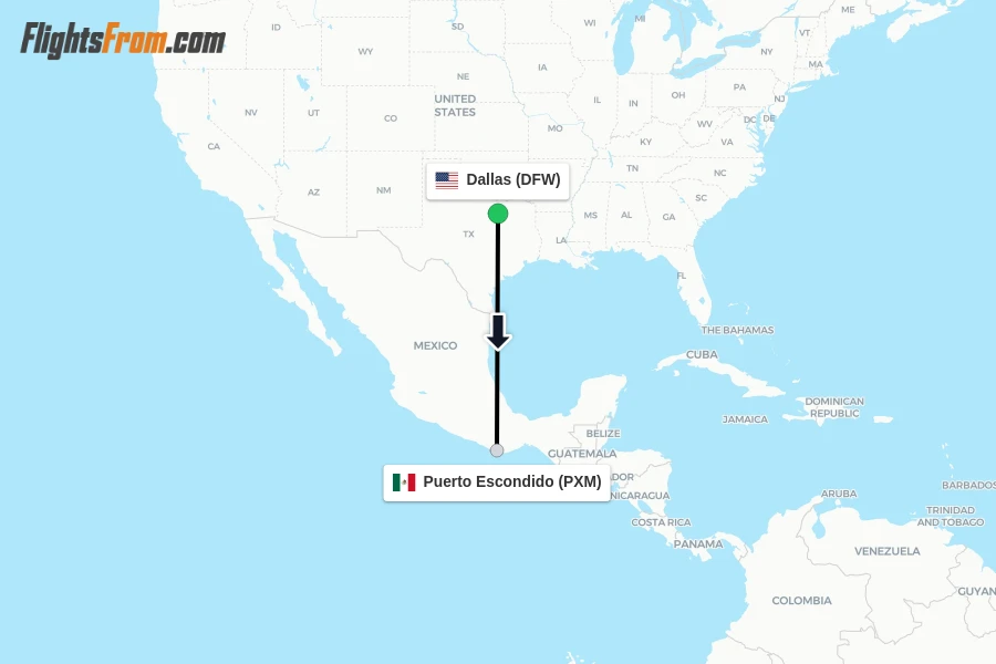 Flights from Dallas to Puerto Escondido route map