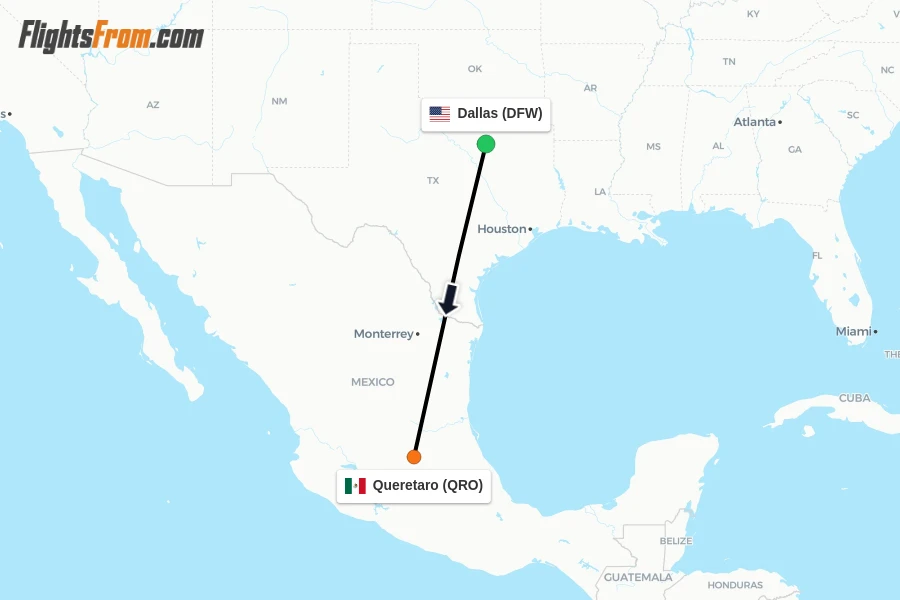 Flights from Dallas to Queretaro route map