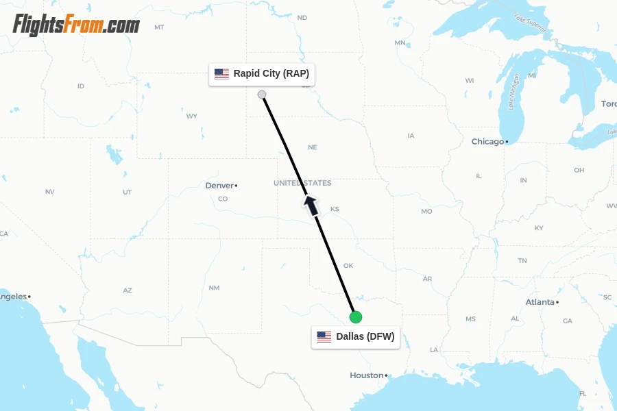 Flights from Dallas to Rapid City route map