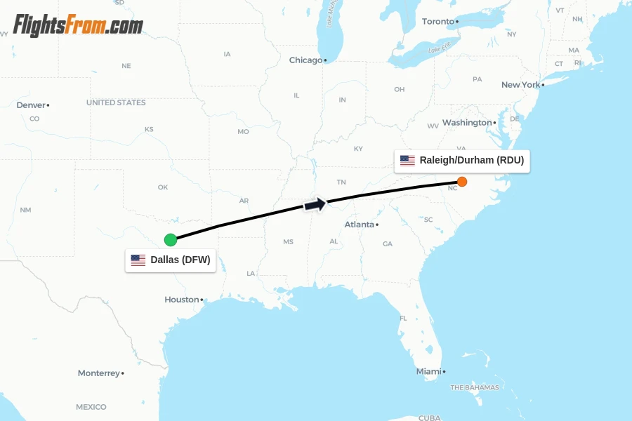 Flights from Dallas to Raleigh/Durham route map