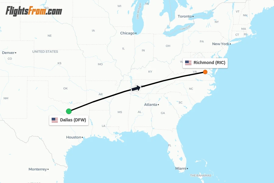 Flights from Dallas to Richmond route map