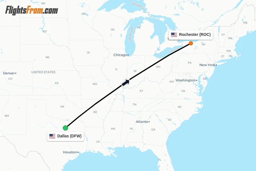 Flights from Dallas to Rochester route map