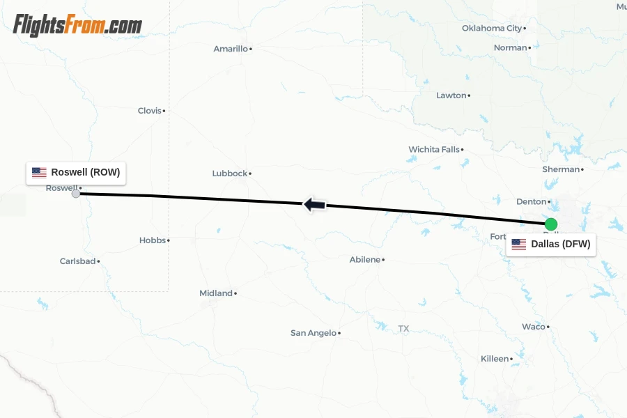 Flights from Dallas to Roswell route map