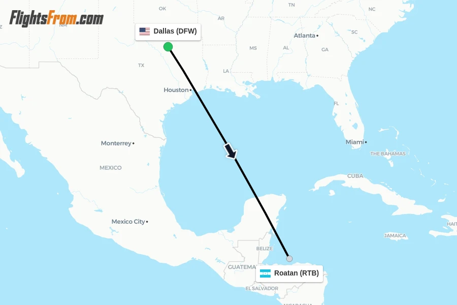 Flights from Dallas to Roatan route map