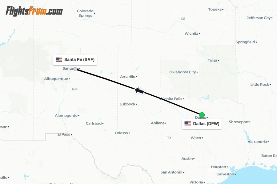 Flights from Dallas to Santa Fe route map