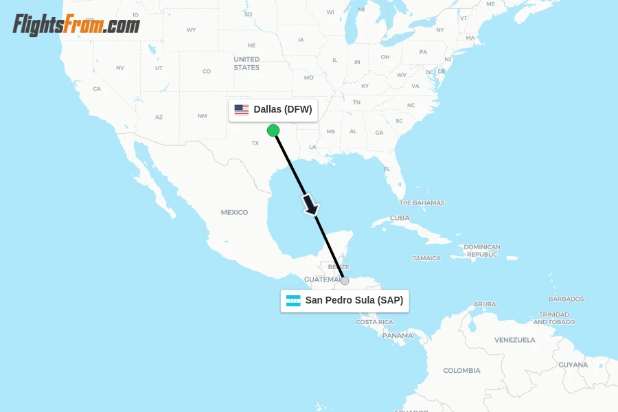 Flights from Dallas to San Pedro Sula route map