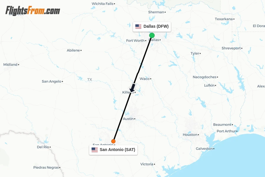 Flights from Dallas to San Antonio route map