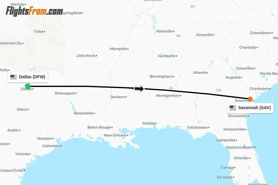 Flights from Dallas to Savannah route map