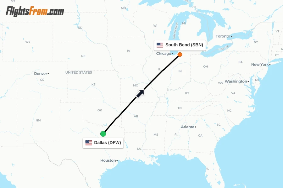 Flights from Dallas to South Bend route map