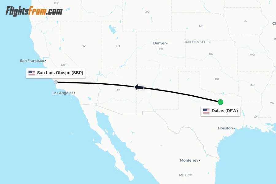 Flights from Dallas to San Luis Obispo route map