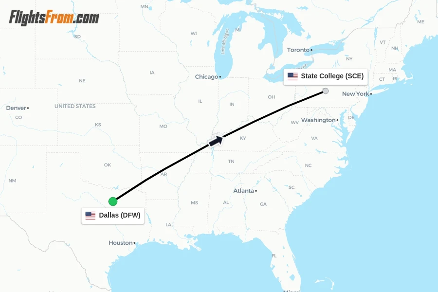 Flights from Dallas to State College route map