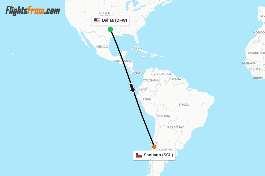 Flights from Dallas to Santiago route map