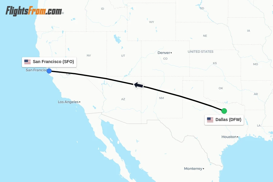 Flights from Dallas to San Francisco route map