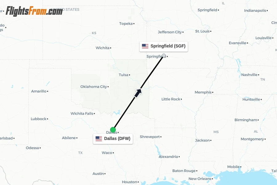 Flights from Dallas to Springfield route map