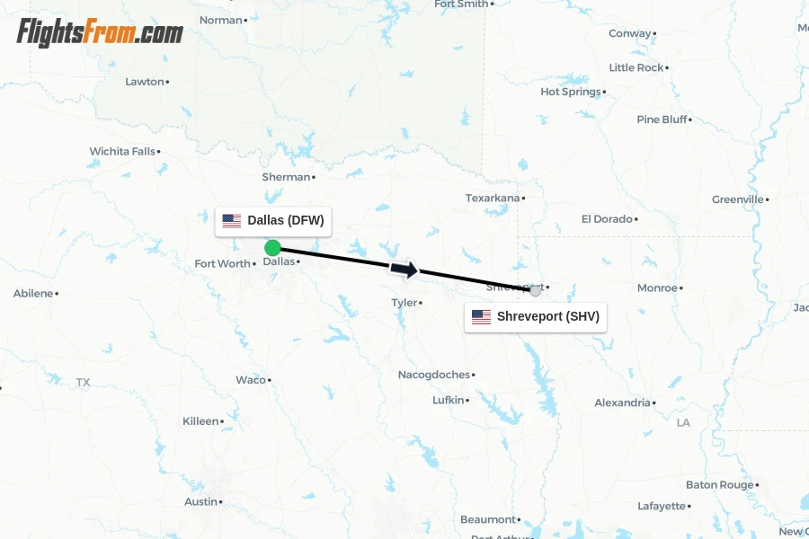 Flights from Dallas to Shreveport route map