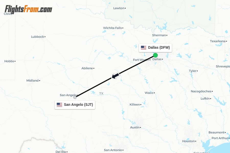 Flights from Dallas to San Angelo route map