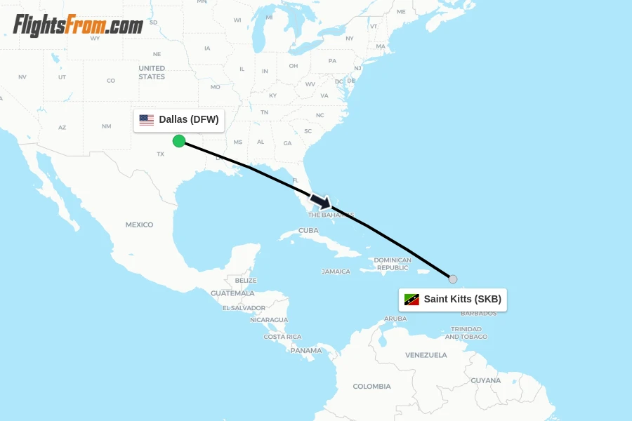 Flights from Dallas to Saint Kitts route map