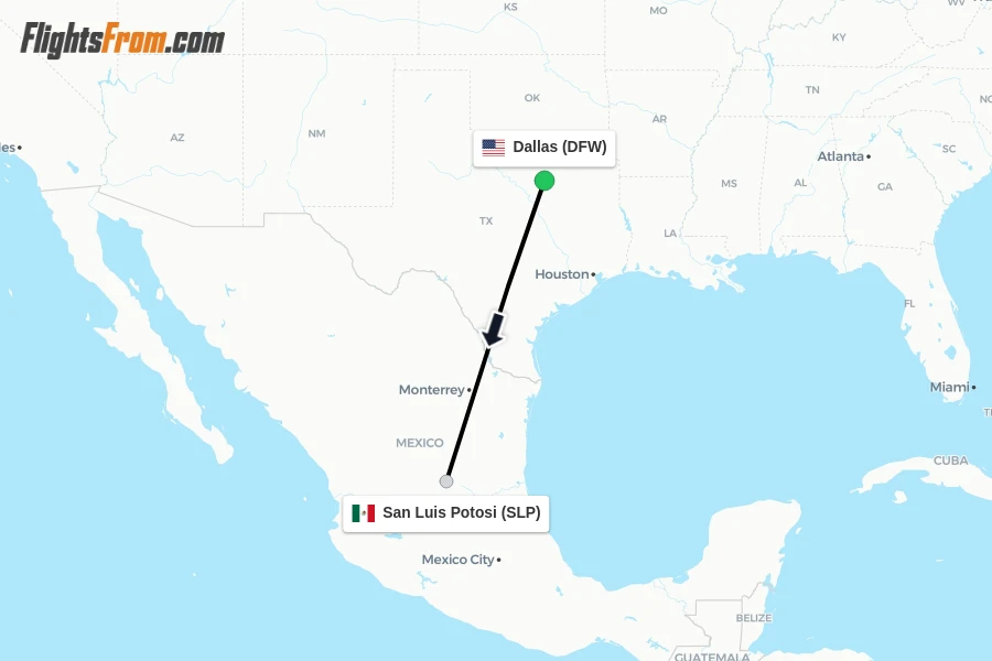 Flights from Dallas to San Luis Potosi route map