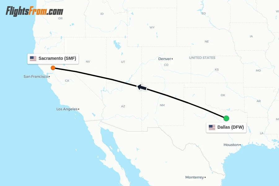 Flights from Dallas to Sacramento route map