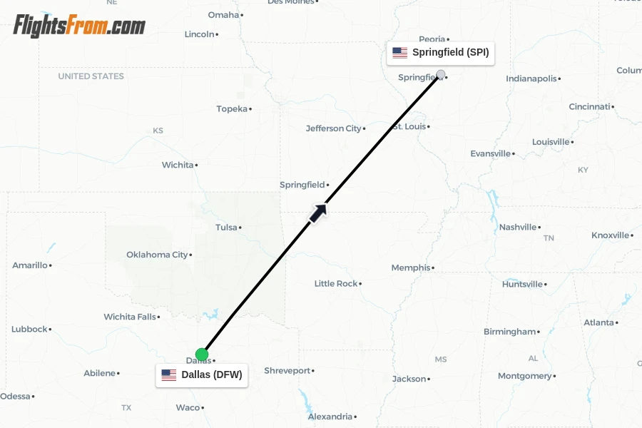 Flights from Dallas to Springfield route map
