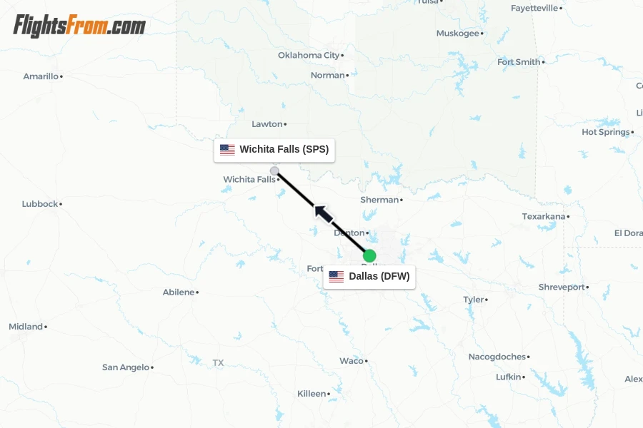 Flights from Dallas to Wichita Falls route map