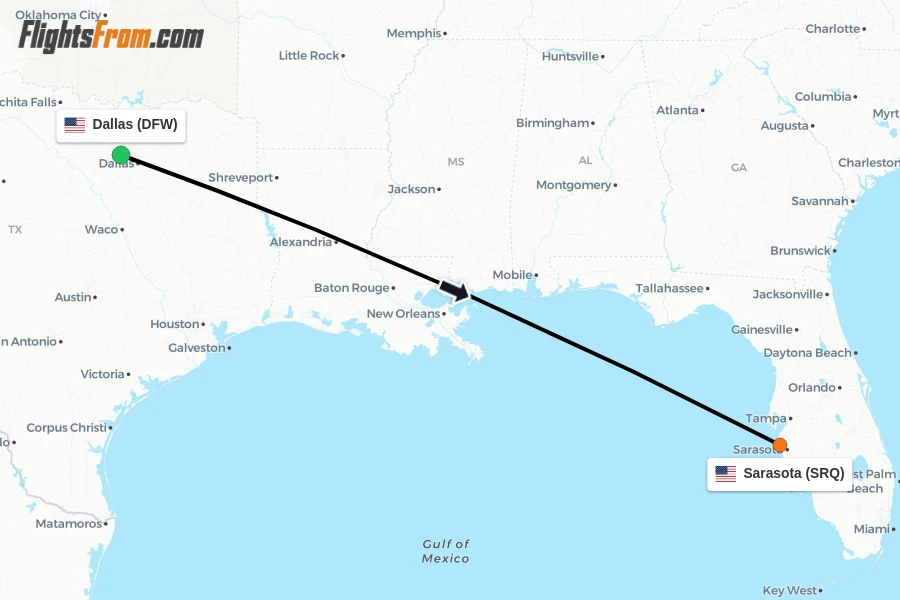 Flights from Dallas to Sarasota route map