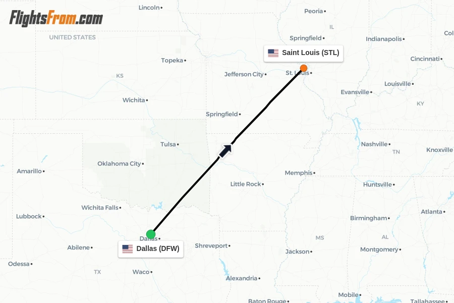 Flights from Dallas to Saint Louis route map