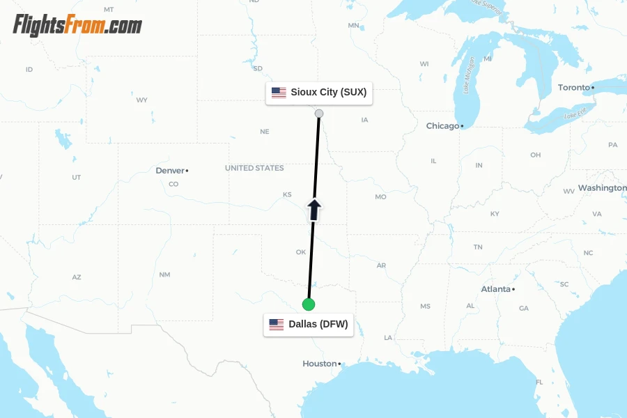 Flights from Dallas to Sioux City route map