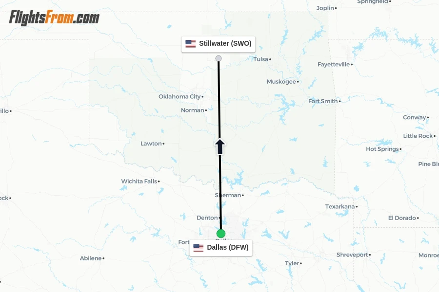Flights from Dallas to Stillwater route map