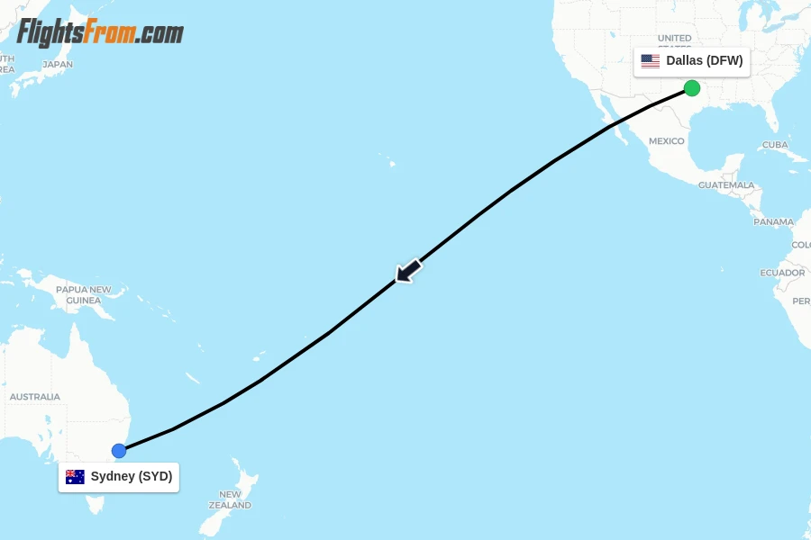 Flights from Dallas to Sydney route map