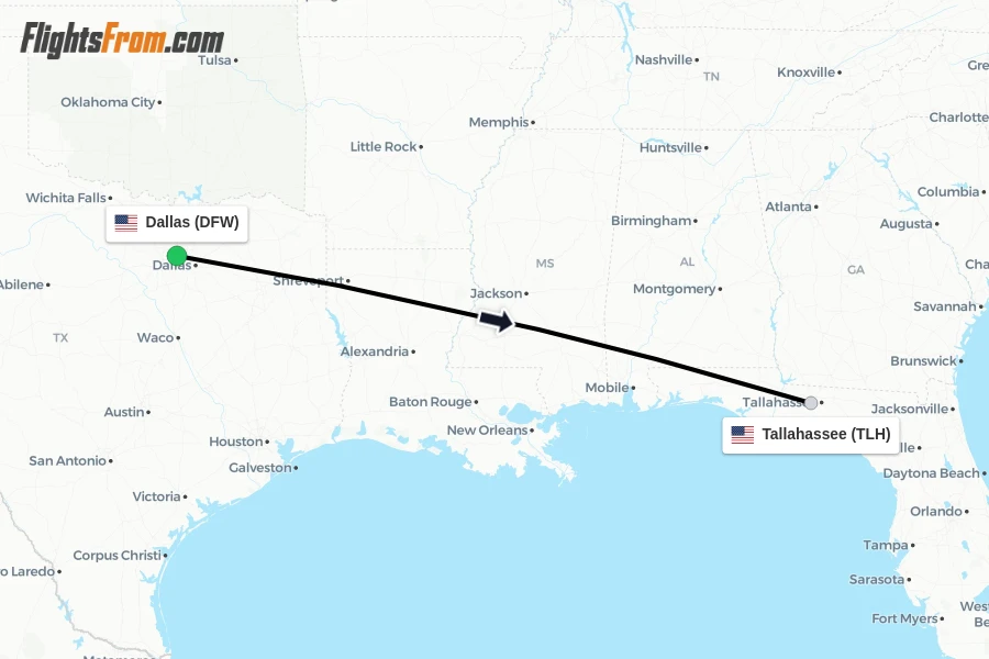 Flights from Dallas to Tallahassee route map