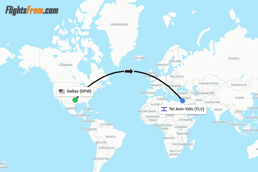 Flights from Dallas to Tel Aviv-Yafo route map